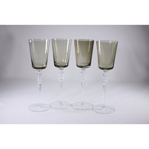 Vintage 10" tall two-tone wine glasses set of 4, smoky glass crystal or glass - Picture 5 of 8